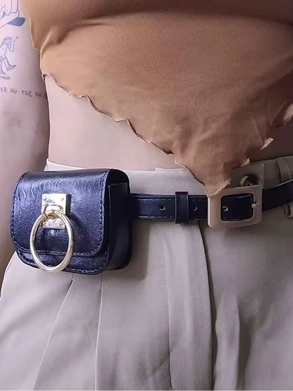 Modern Black Belt Bag with Gold Ring Hardware